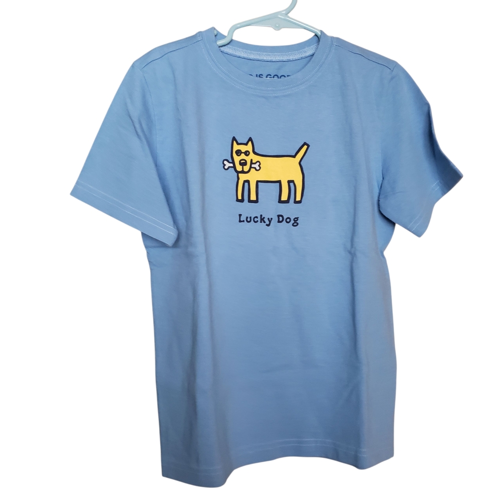 LIFE IS GOOD Boys Small (5-6) Crusher Tee Short Sleeve Lucky Dog Blue Cotton